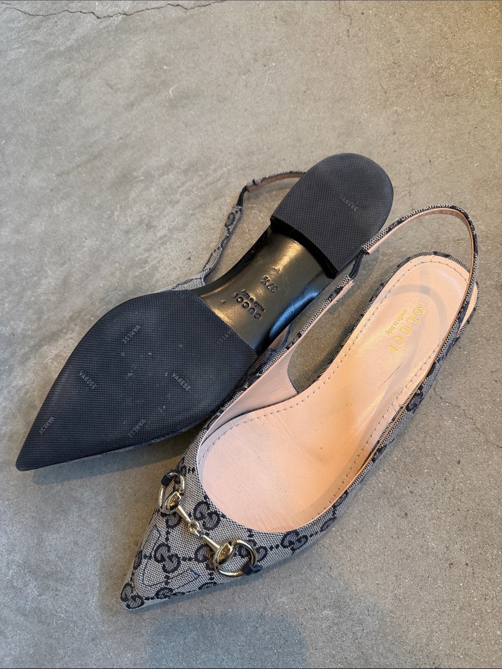 Gucci Navy GG Canvas Pointed Slingback Mules with Horsebit - Picture 5 of 5